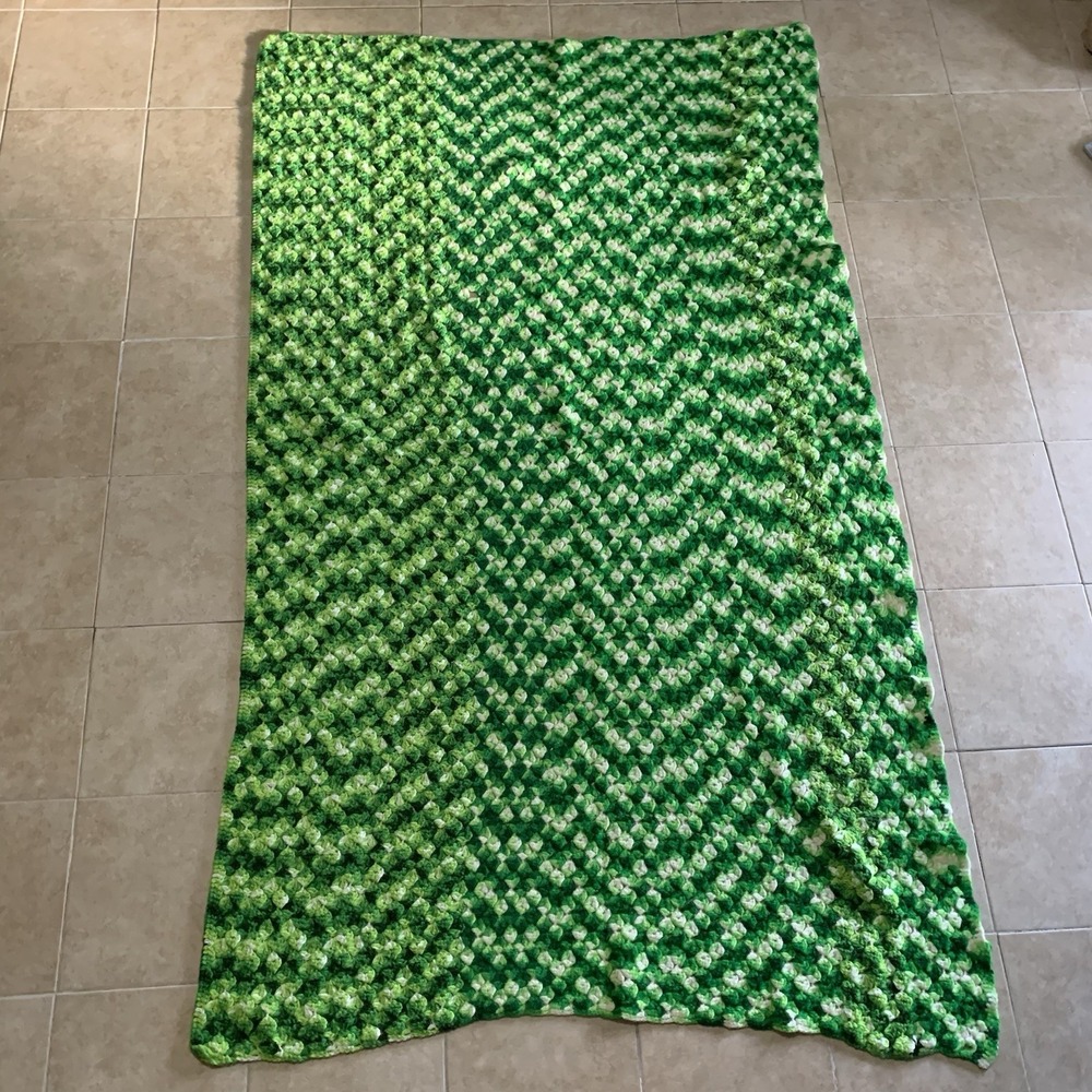 Handmade Crochet Afghan Throw 84x49 Shades Of Green White Textured Squares